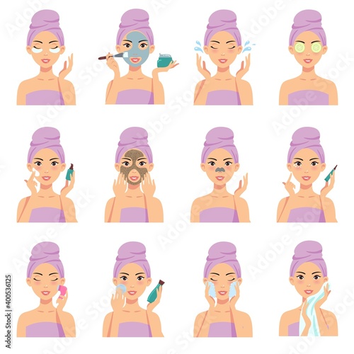 Beautiful girl cleaning and care her face with various actions. Vector illustration set isolated on white background.