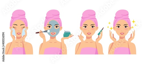 Woman caring for facial skin and cleans it using a mud mask, face cream and cleansing tonic vector illustration. Vector illustration set isolated on white background.