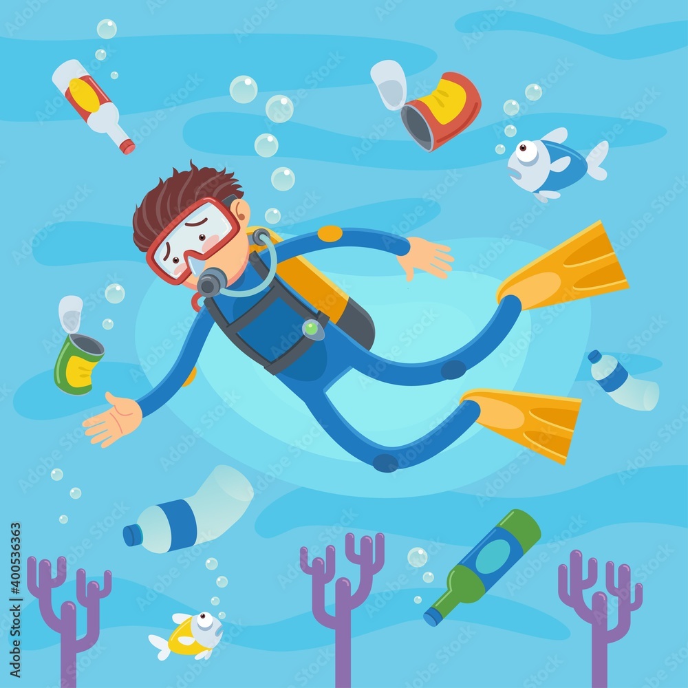 Fototapeta premium Scuba divers swimming on coral reefs and fish. Vector illustration of pollution at sea