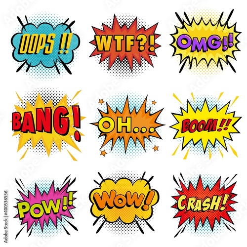 Collection of Sound effects wording comic speech bubble in pop art style and half tone background