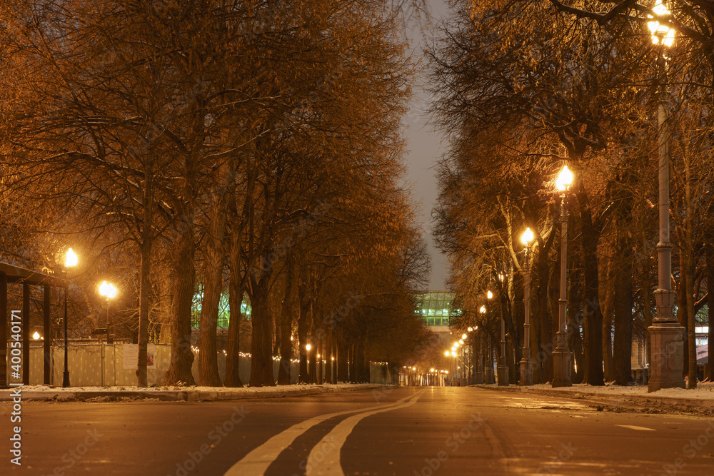 Photography of empty alley in the Gorky park during coronavirus pandemic. Andreevsky (Pushkinsky) pedestrian bridge in the distance.