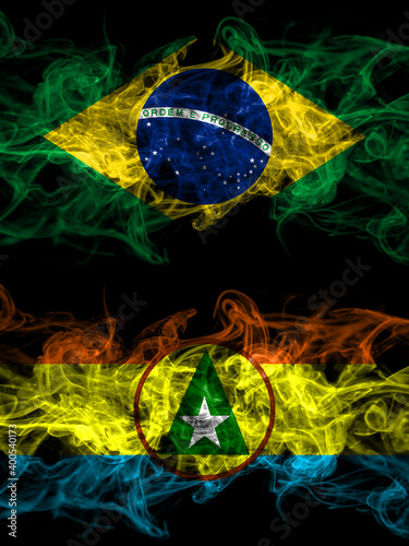 Brazil, Brazilian vs Cabinda smoky mystic flags placed side by side. Thick colored silky abstract smoke flags.
