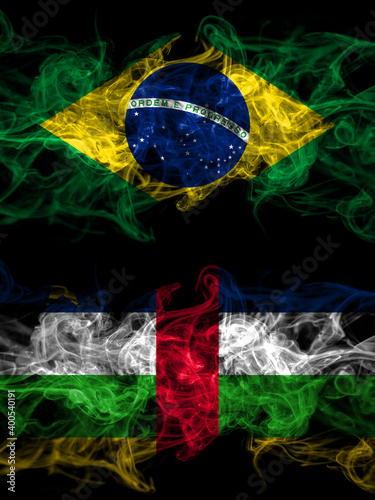 Brazil  Brazilian vs Central African Republic smoky mystic flags placed side by side. Thick colored silky abstract smoke flags.