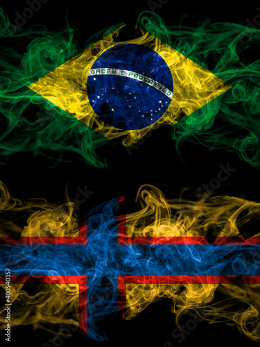 Brazil, Brazilian vs Ingrian people smoky mystic flags placed side by side. Thick colored silky abstract smoke flags.