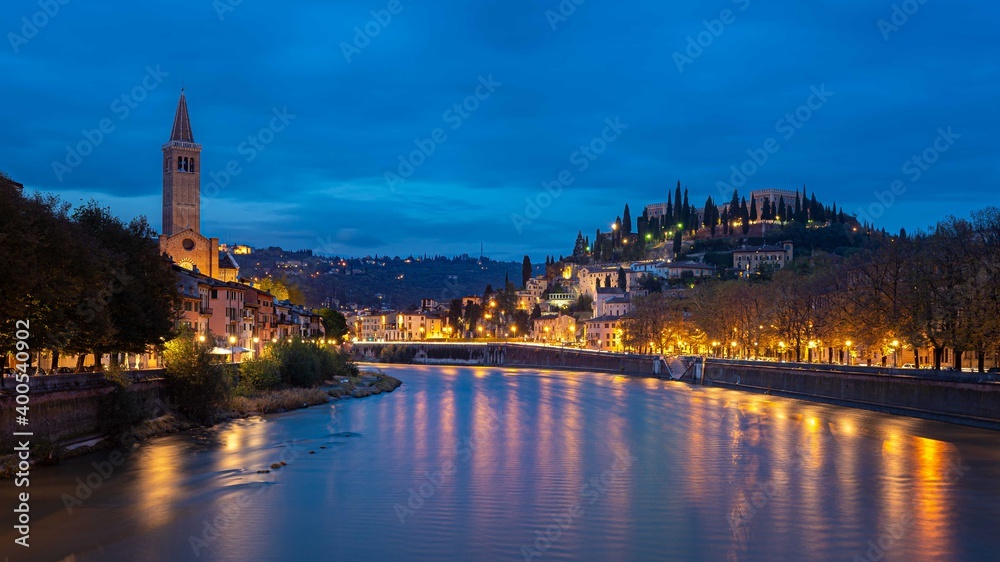 Verona, Adige River in the sunset, Italy, cityscape