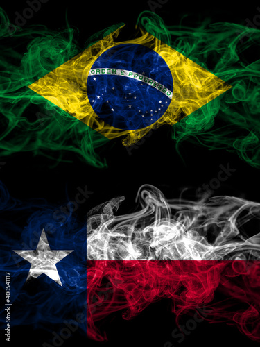 Brazil  Brazilian vs United States of America  America  US  USA  American  Texas smoky mystic flags placed side by side. Thick colored silky abstract smoke flags.