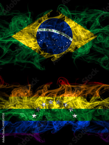 Brazil, Brazilian vs Venezuela, gay smoky mystic flags placed side by side. Thick colored silky abstract smoke flags.