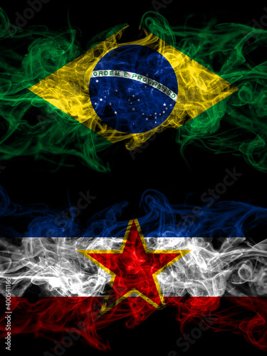Brazil  Brazilian vs Yugoslavia  Yugoslavian smoky mystic flags placed side by side. Thick colored silky abstract smoke flags.
