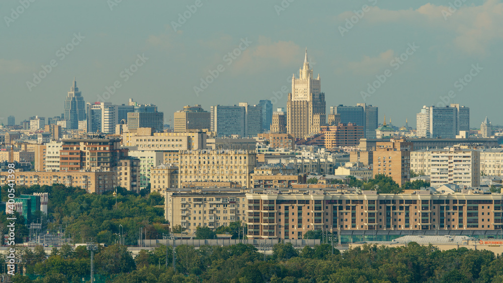 Moscow cityscape in summer sunny day. The highest building is the Ministry of Foreign Affairs (MFA) building. View from above. High resolution image.