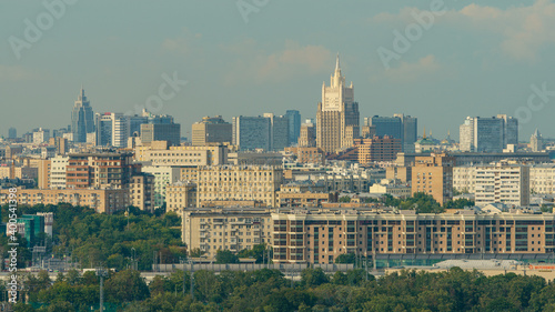 Moscow cityscape in summer sunny day. The highest building is the Ministry of Foreign Affairs (MFA) building. View from above. High resolution image.