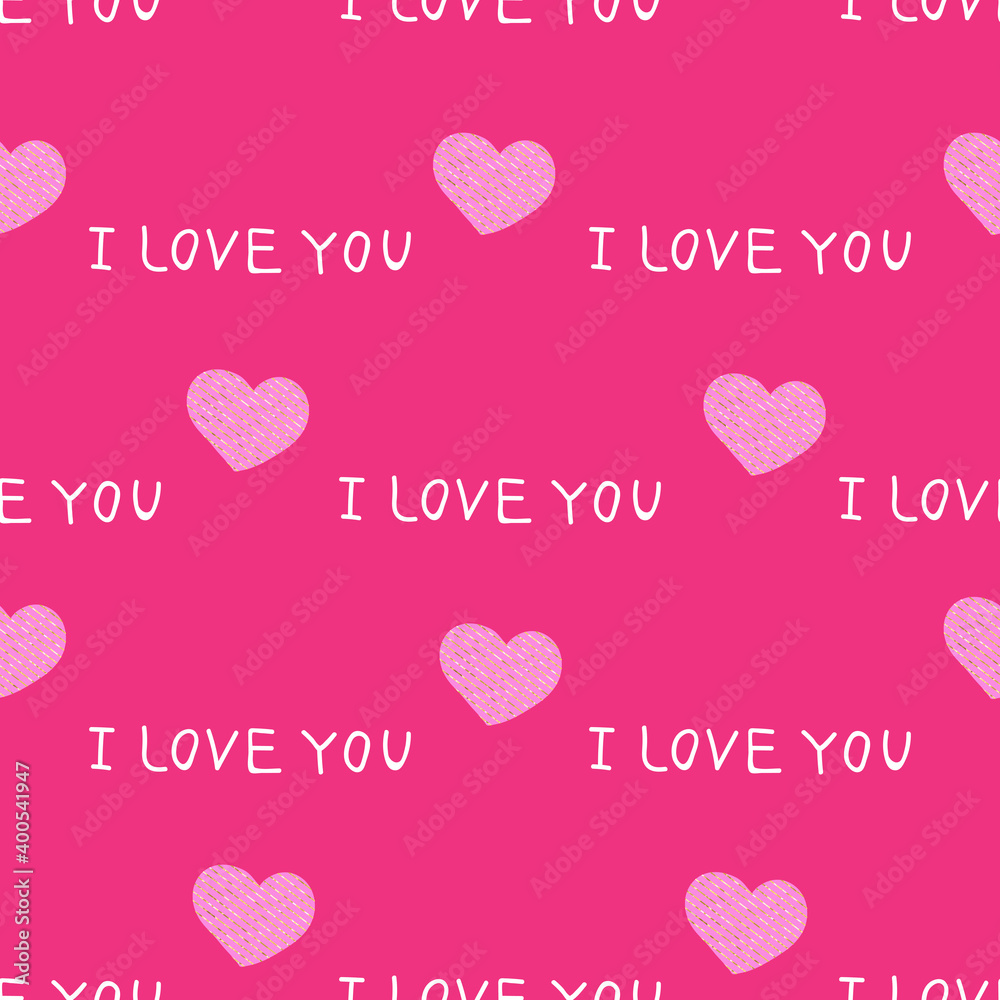 Seamless pattern with hearts and hand inscription i love you. Stock Vector.