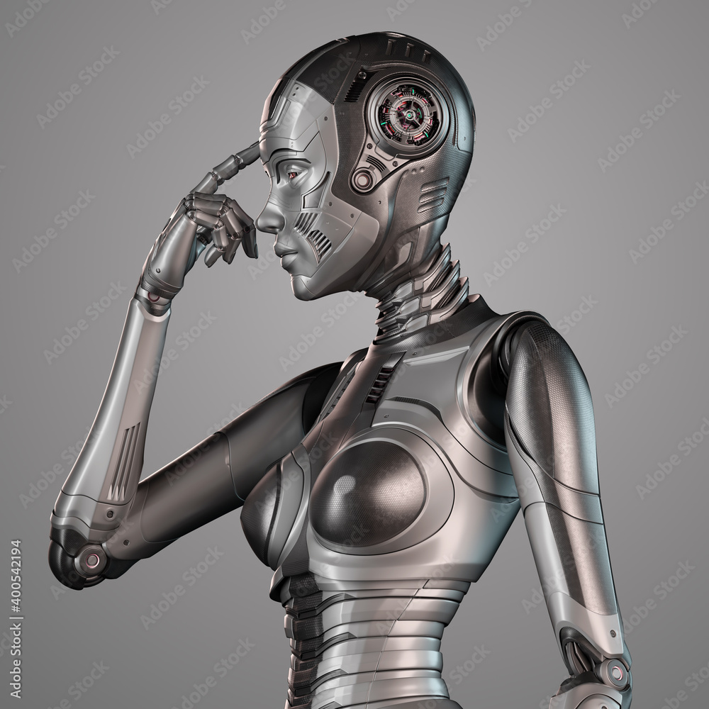 3d render of a very detailed robot woman or futuristic cyber girl touching her forehead or suggesting to use your brain, side view of the upper body isolated on color background 3d render of a very detailed robot woman or futuristic cyber girl touching her forehead or suggesting to use your brain, side view of the upper body isolated on color background