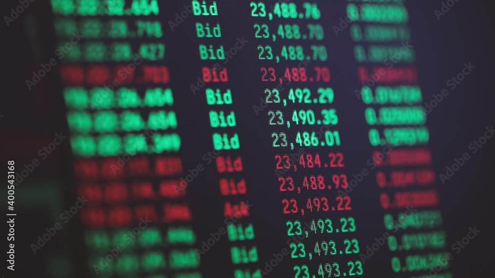 Timelapse with details of Bitcoin cryptocurrency transactions on a digital screen.
