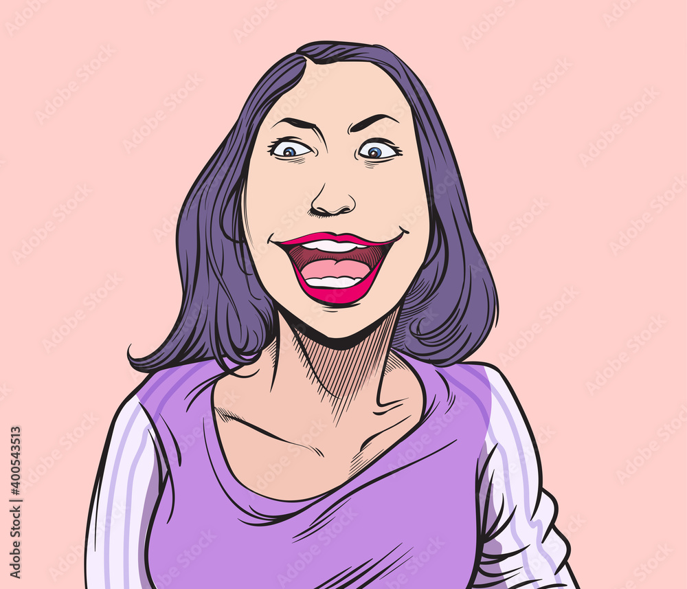 Happy laughing woman. Pop art hand drawn style vector design illustrations.