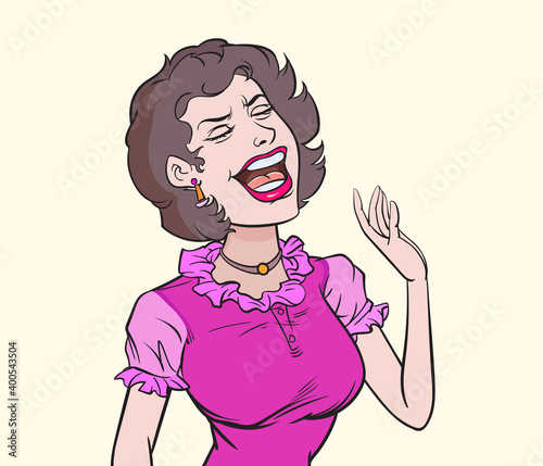 A woman showing joy, raising both hands. Pop art vector illustration