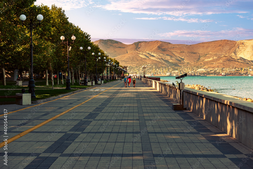 Novorossiysk Russia, Black Sea coast, embankment and city beach a place of rest for citizens and tourists