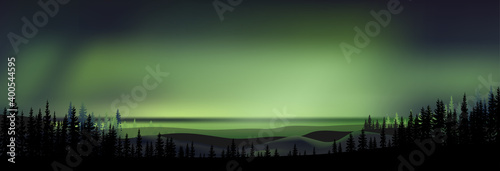 Winter night landscape with northern lights, mountain and pine tree,Vector Night sky and spectacular aurora borealis