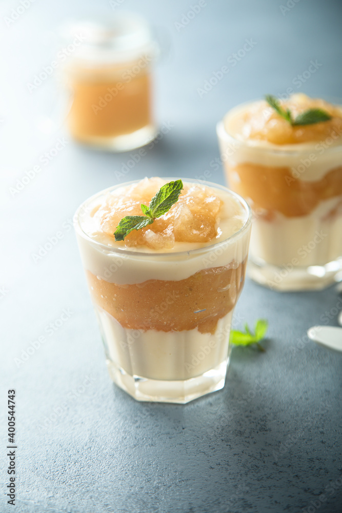 Homemade apple dessert with custard Homemade apple dessert with custard