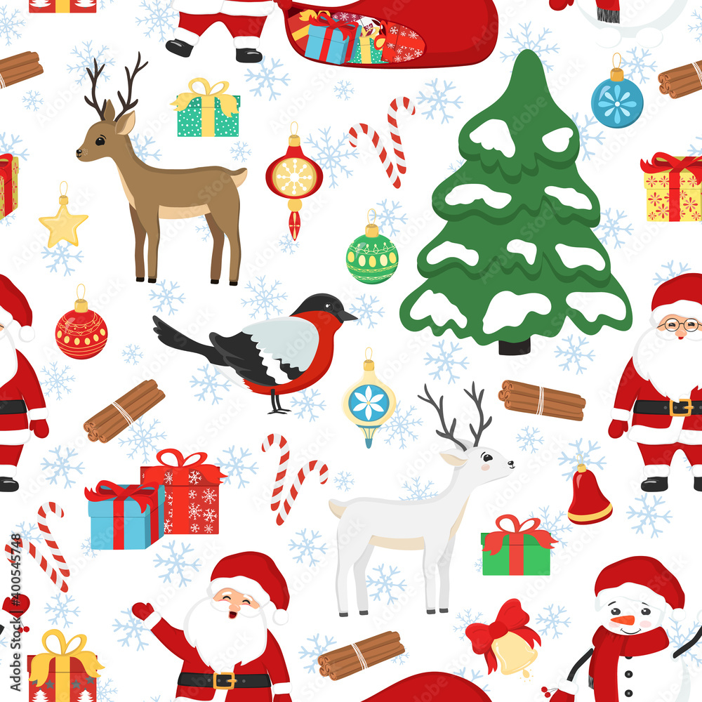 Hand drawn seamless pattern of Santa Claus, deer, snowman, gifts, bird, decorative balls, tree, snowflakes. New Year and Christmas illustration for greeting card, invitation, wallpaper, wrapping paper Hand drawn seamless pattern of Santa Claus, deer, snowman, gifts, bird, decorative balls, tree, snowflakes. New Year and Christmas illustration for greeting card, invitation, wallpaper, wrapping paper