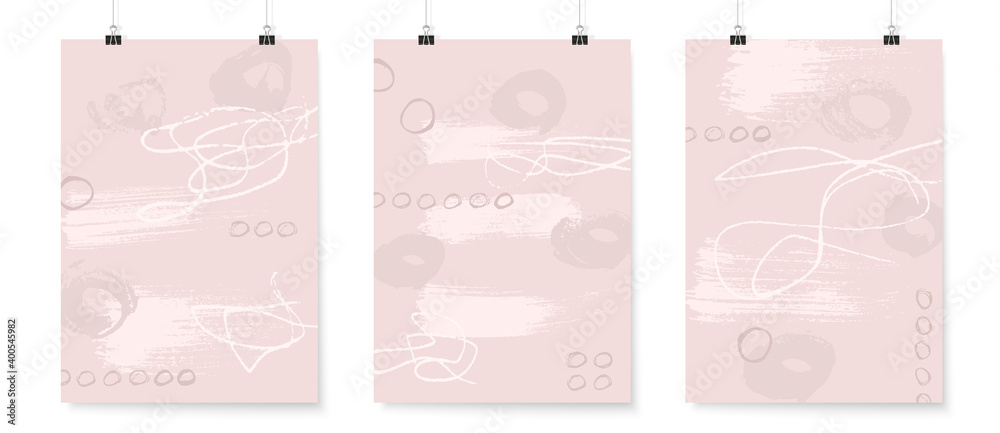Abstract backgrounds set. Grunge poster backdrops. Posters on binder clips. Quircky doodles. Geometric shapes wallpapers. Pastel colors design.