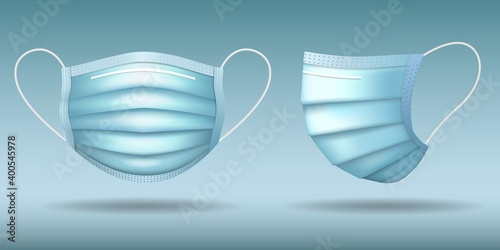 Medical masks template in different angles. To protect coronavirus, infection and contaminated air. Realistic 3D surgical mask. Isolated on white background. Vector