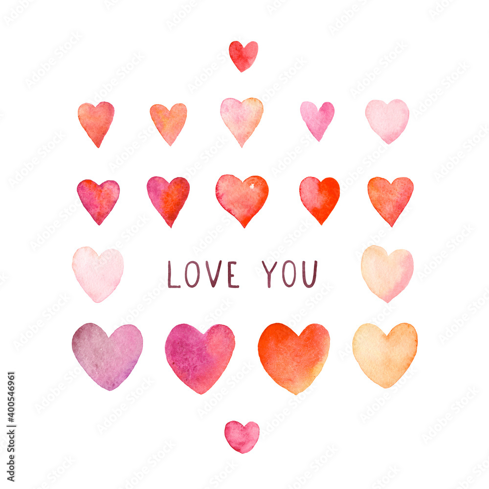 Set with watercolor colorful hearts and message love you. Isolated illustration of symbols, emblems for Valentine day, birthday or wedding. Romantic collection on white background.