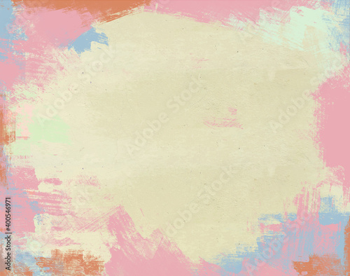 Brush strokes with multicolored paint on the worn, old plaster on the wall. The background for the texture looks like crumpled paper in pink, blue, yellow and brown tones.