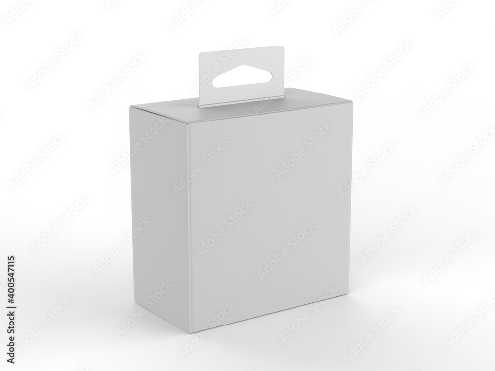 Blank paper box packaging with hand tab for mockup design and branding, 3d render illustration. Blank paper box packaging with hand tab for mockup design and branding, 3d render illustration.