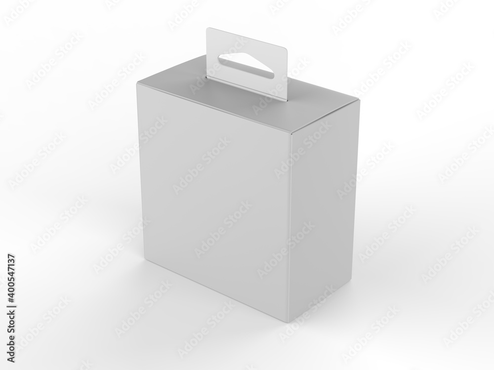 Blank paper box packaging with hand tab for mockup design and branding, 3d render illustration. Blank paper box packaging with hand tab for mockup design and branding, 3d render illustration.
