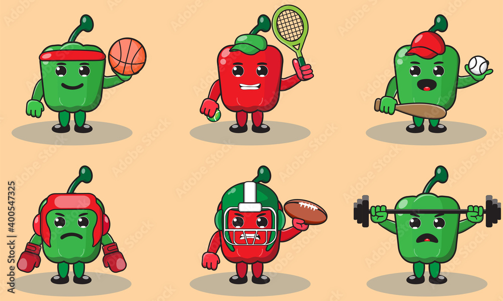 Fototapeta premium Illustration vector graphic cartoon character of cute Paprika doing sport set. Cute and funny fruit emotion set. Basket, boxing, tennis, baseball.