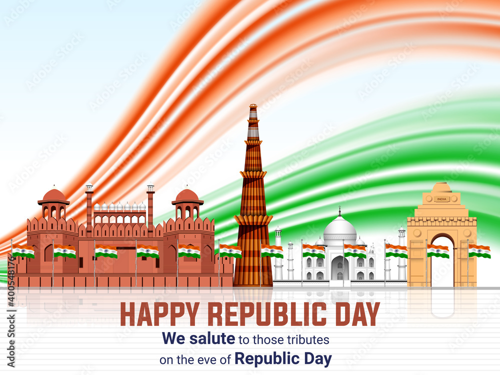 Indian Republic day concept with text 26 January. Vector Illustration. illustration of Indian background showing its incredible culture and diversity with monument.