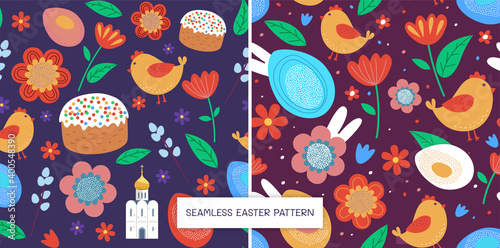 Seamless easter patterns with church, cakes, chicks, flowers.
