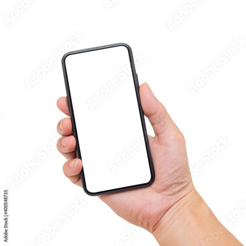 Hand holding a black smartphone with blank screen isolated on white background with clipping path