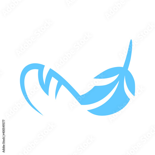 Abstract blue flat feather symbol on white backdrop. Design element