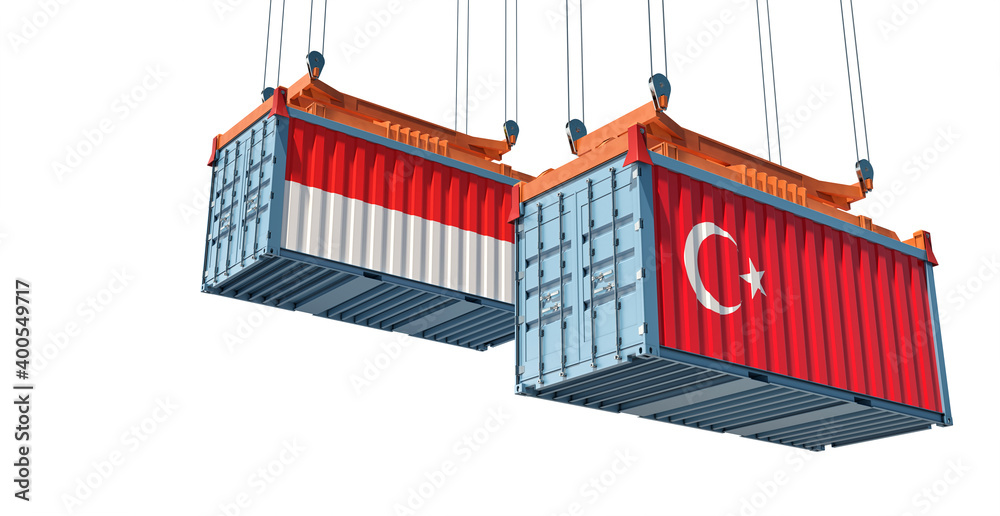 Freight containers with Turkey and Indonesia national flags. 3D Rendering 
