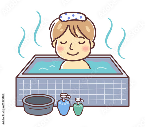 湯船に入ってリラックスしている男性のイラスト