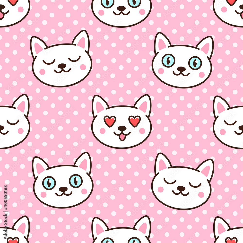 Seamless pattern with cute cartoon cats on a pink background with polka dots. It can be used for packaging, wrapping paper, textile and etc. Seamless pattern with cute cartoon cats on a pink background with polka dots. It can be used for packaging, wrapping paper, textile and etc.