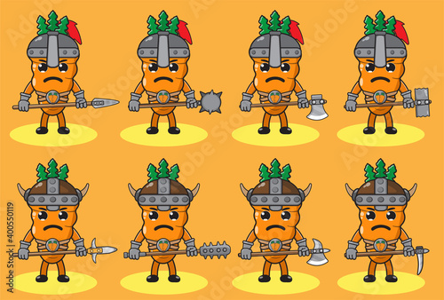 Illustration vector graphic cartoon character of cute Carrot knight. Cute and funny fruit set. Two handed weapons and hand down pose set.Good for icon, logo, label,sticker, clipart. © Heru