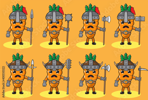 Illustration vector graphic cartoon character of cute Carrot knight. Cute and funny fruit set. Two handed weapons and hand up pose set.Good for icon, logo, label,sticker, clipart. © Heru