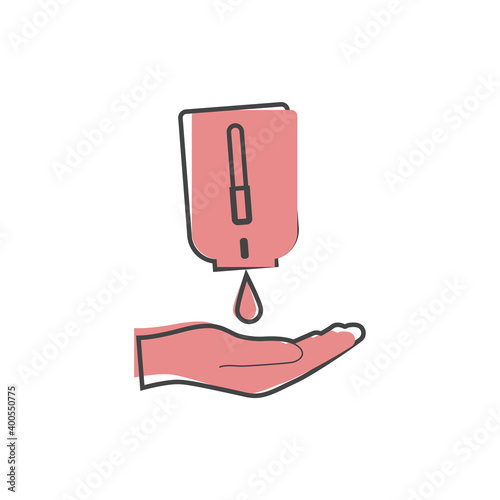 Hand disinfection soap disinfector vector icon on cartoon style on white isolated background.