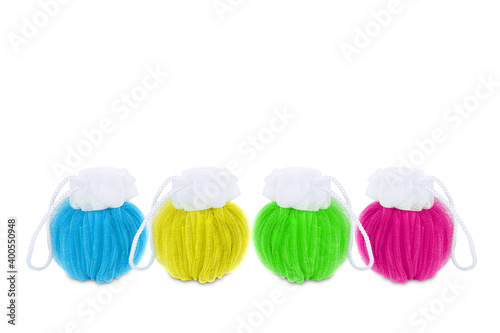 Colorful Mesh shower sponge For scrubbing body, use with liquid soap. Isolated on white background