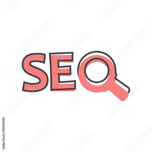 SEO magnifier icon on cartoon style on white isolated background.