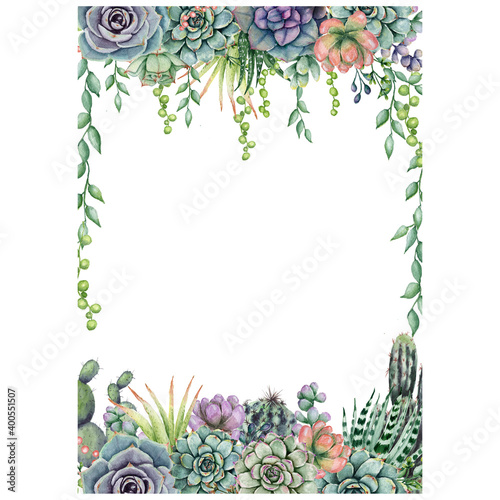 Watercolor succulent rectangle frame. Hand painted green and violet cactus border. For wedding design, invitations, fabric, textile, baby shower, wedding. Isolated on white background. 