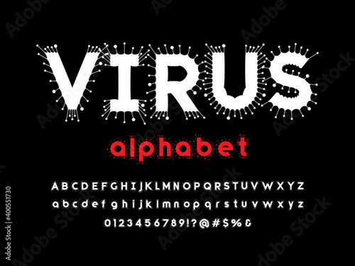 Virus infectious disease style alphabet design with uppercase. lowercase, numbers and symbols