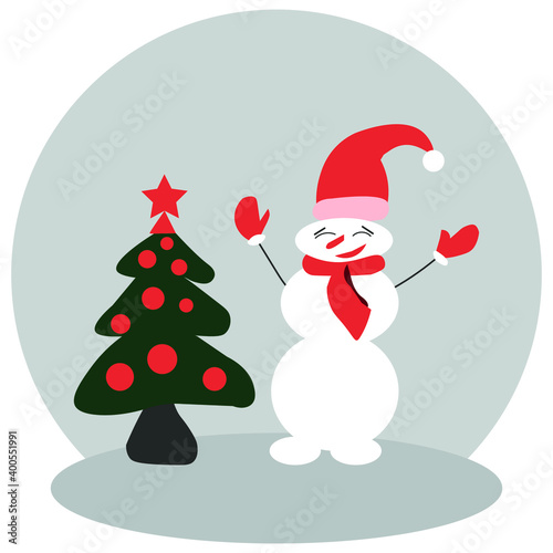 New Year happy snowman with Christmas tree on a gray background