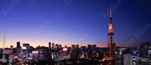 Panorama view Nagoya downtown and Nagoya TV tower skyline at twilight in Japan.