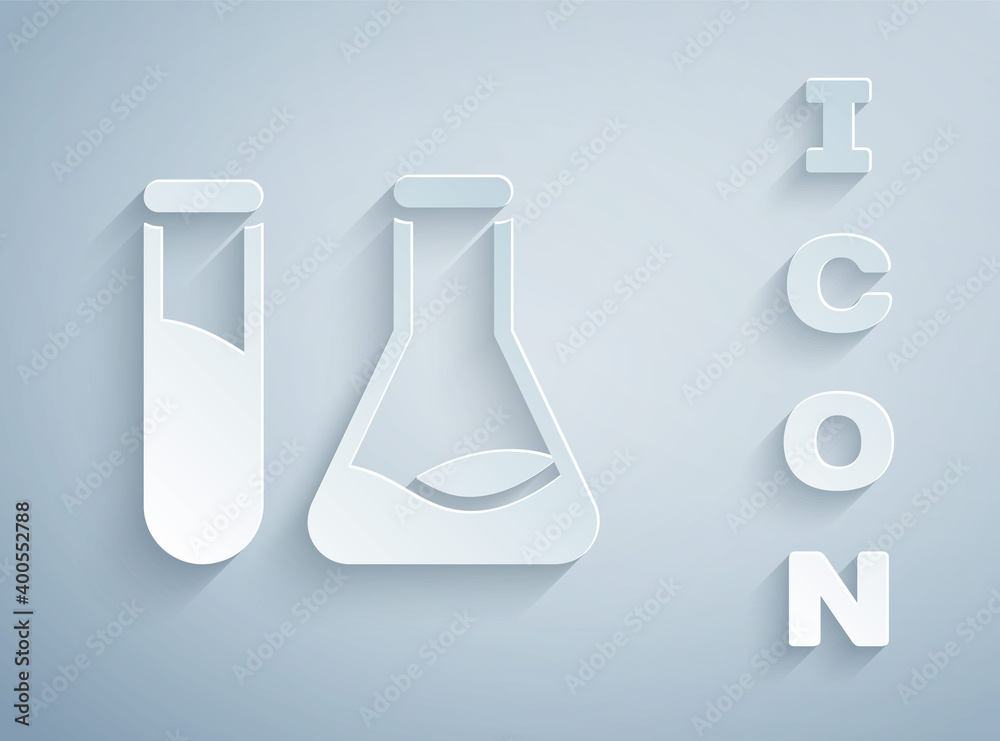 Paper cut Test tube and flask - chemical laboratory test icon isolated on grey background. Laboratory glassware sign. Paper art style. Vector Illustration.