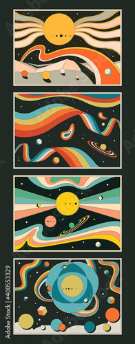 Psychedelic Space Abstract Backgrounds, Poster Templates, Vintage Colors, Geometric Shapes 