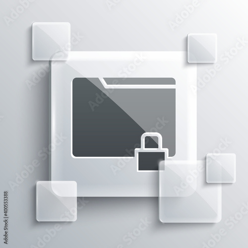 Grey Folder and lock icon isolated on grey background. Closed folder and padlock. Security, safety, protection concept. Square glass panels. Vector Illustration.