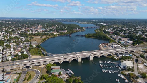 Aerial view of Washington Bridge between City of Providence and East Providence on Seekonk River in Rhode Island RI, USA. 